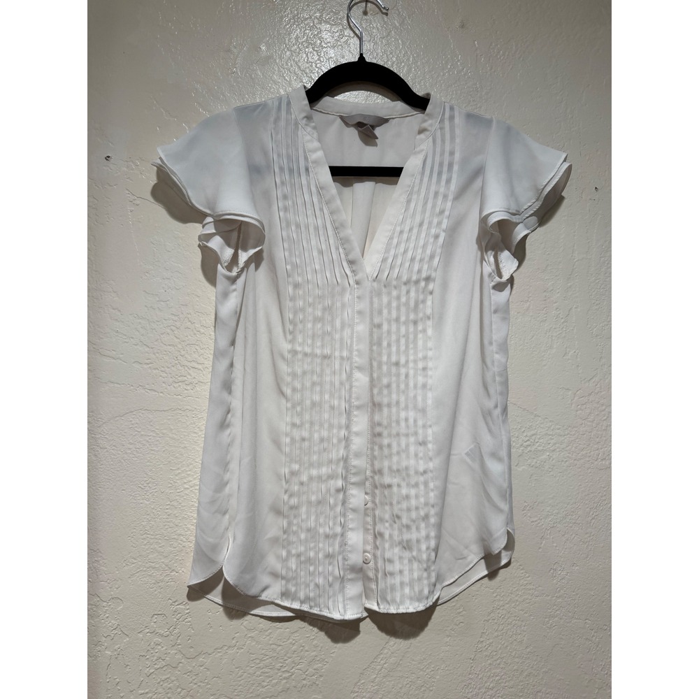 HM White Pleated Front Flutter Sleeve Blouse Womens XXS V-Neck Workwear Top